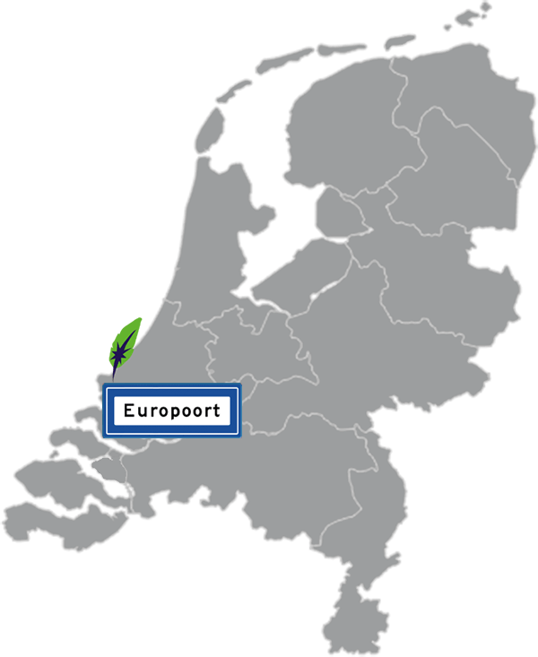 Grijze kaart van Nederland met Europoort Rotterdam aangegeven voor maatwerk taalcursus Engels zakelijk - blauw plaatsnaambord met witte letters en Dagnall veer - transparante achtergrond - 600 * 733 pixels